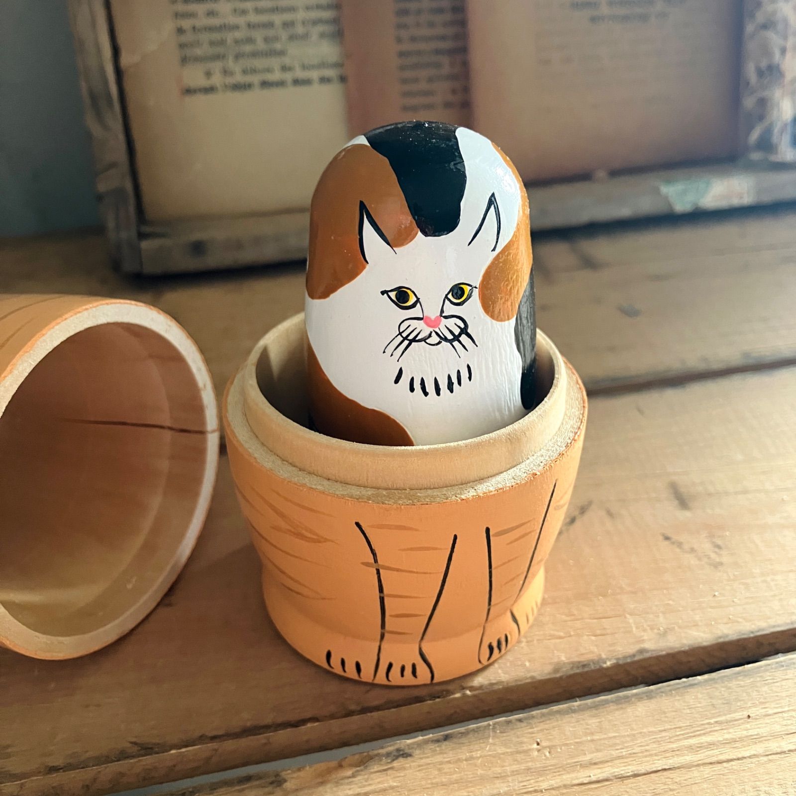 猫の木製マトリョーシカ 猫の置物 猫雑貨 アンティーク 天然木 ロシア 