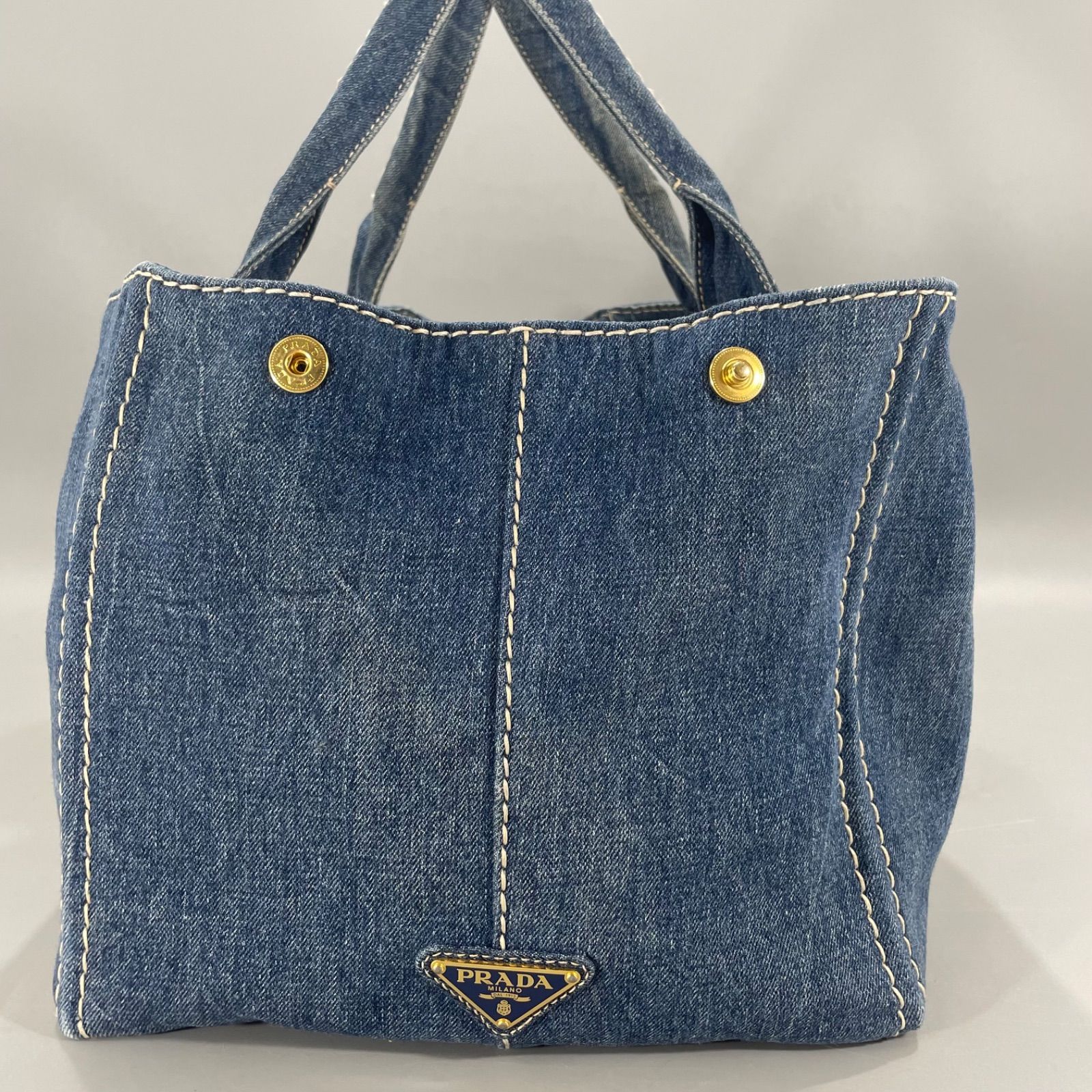 本物保証 PRADA プラダ カナパ デニム トートバッグ 三角プレート L 