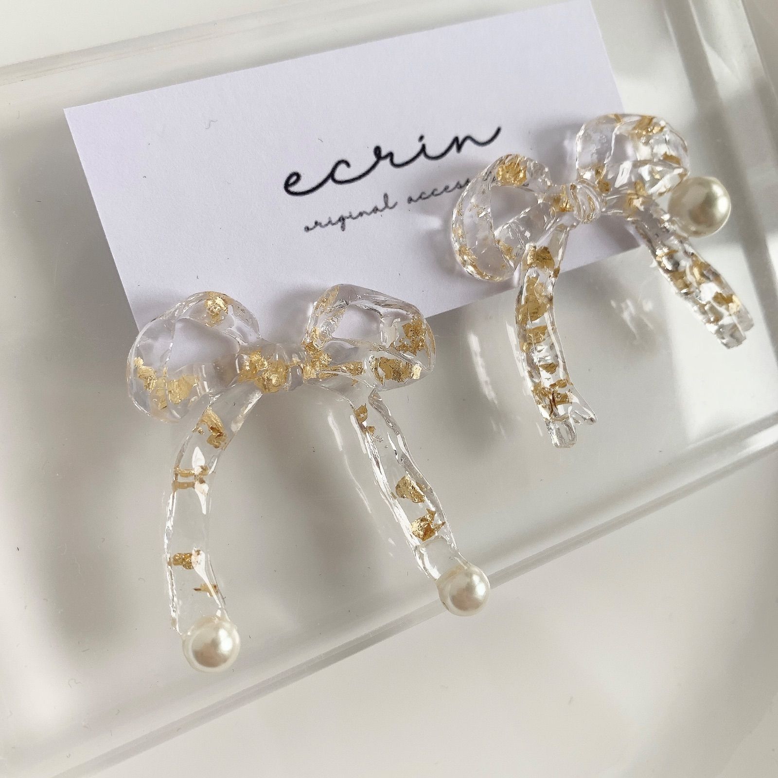 1577】リボン 金箔 パール ハンドメイドアクセサリー ピアス 