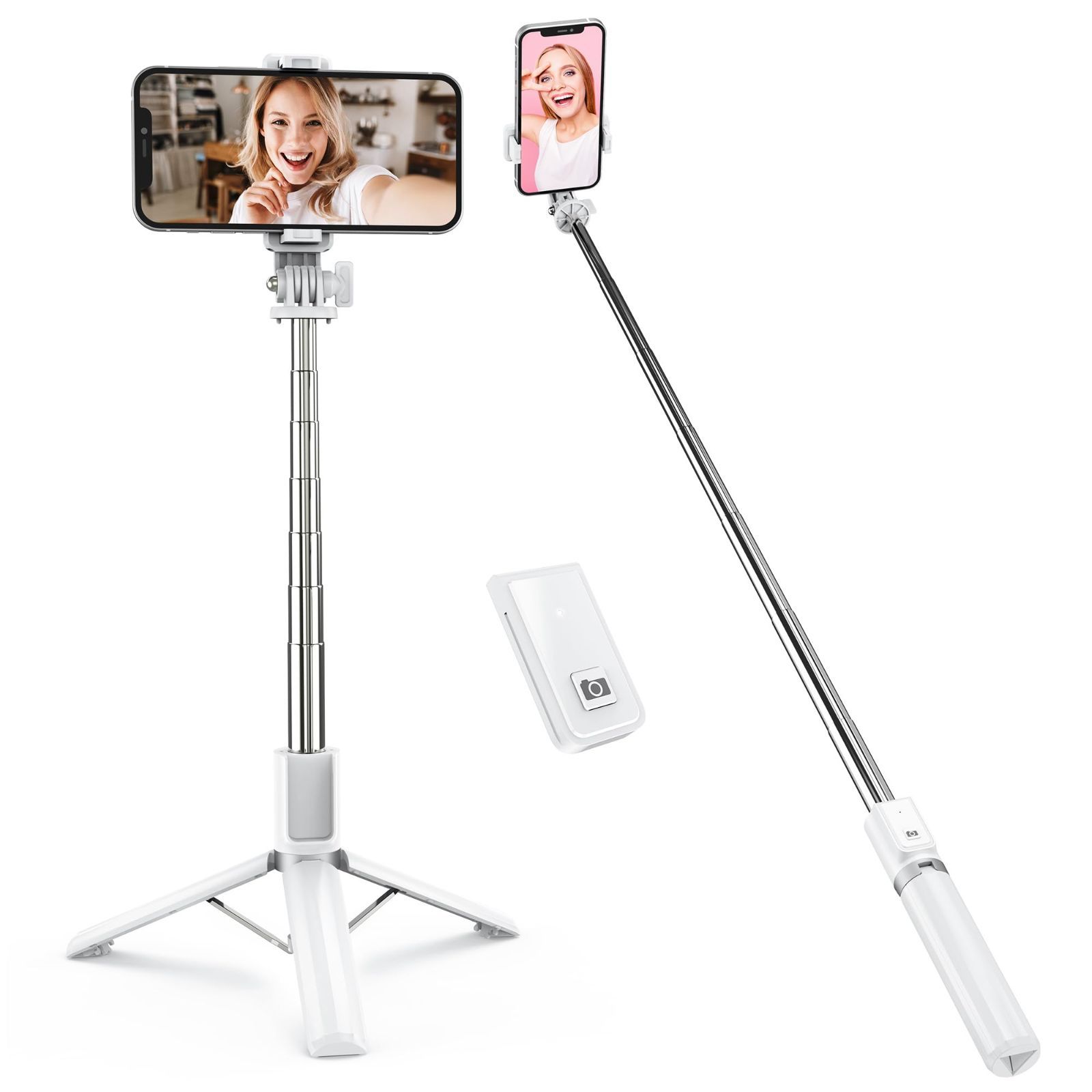 【人気商品】セルカ棒 ミニ三脚 対応 iPhone Android テーブル三脚 Bluetoothワイヤレスリモコン付属 360回転 スマホスタンド WEB会議に GoPro兼用 スマートフォン用コンパクト三脚 100cm (ホワイト) 自