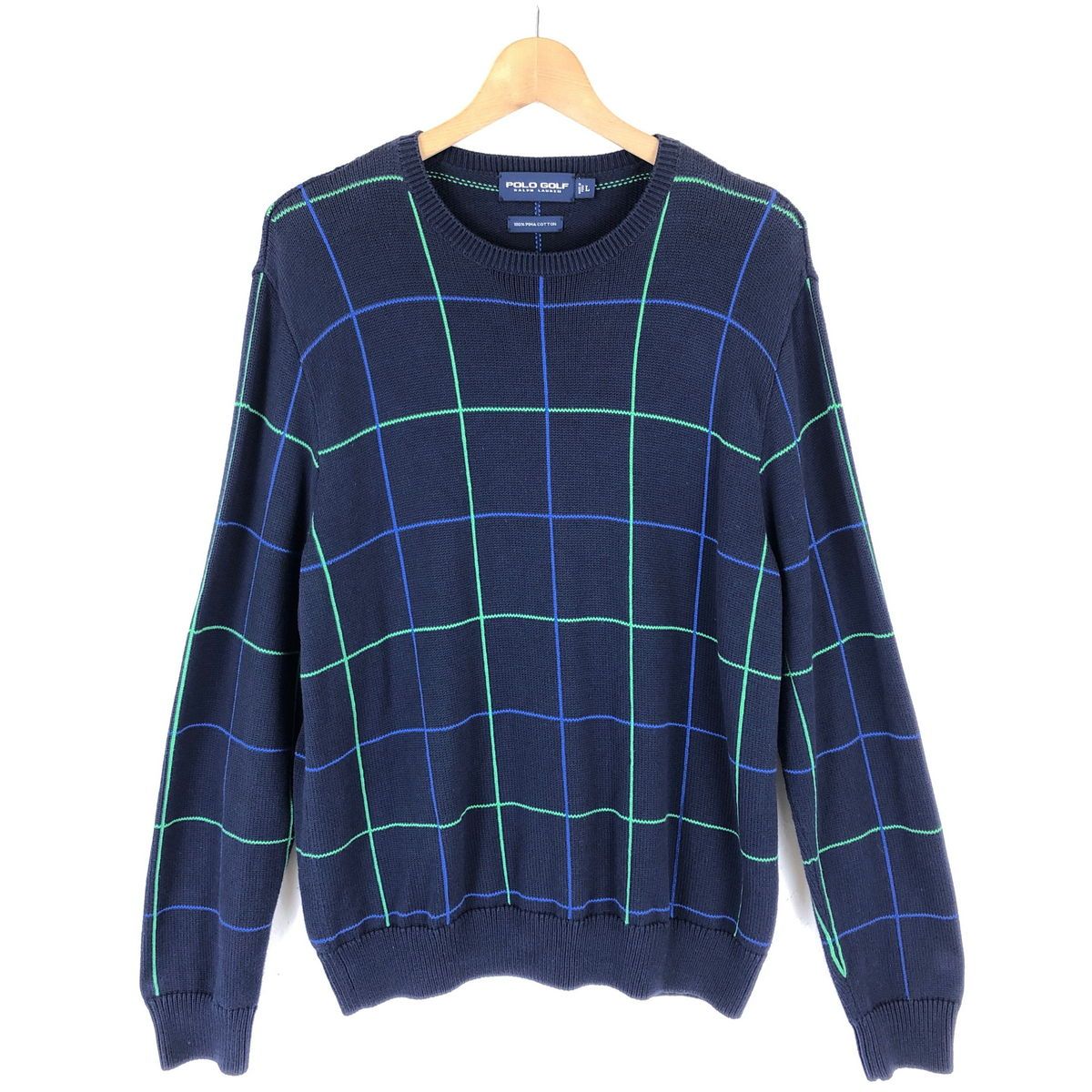 【古着】 RALPH LAUREN ラルフローレン POLO GOLF コットンセーター チェック 90年代 ネイビー系 メンズL 【中古】 n033294
