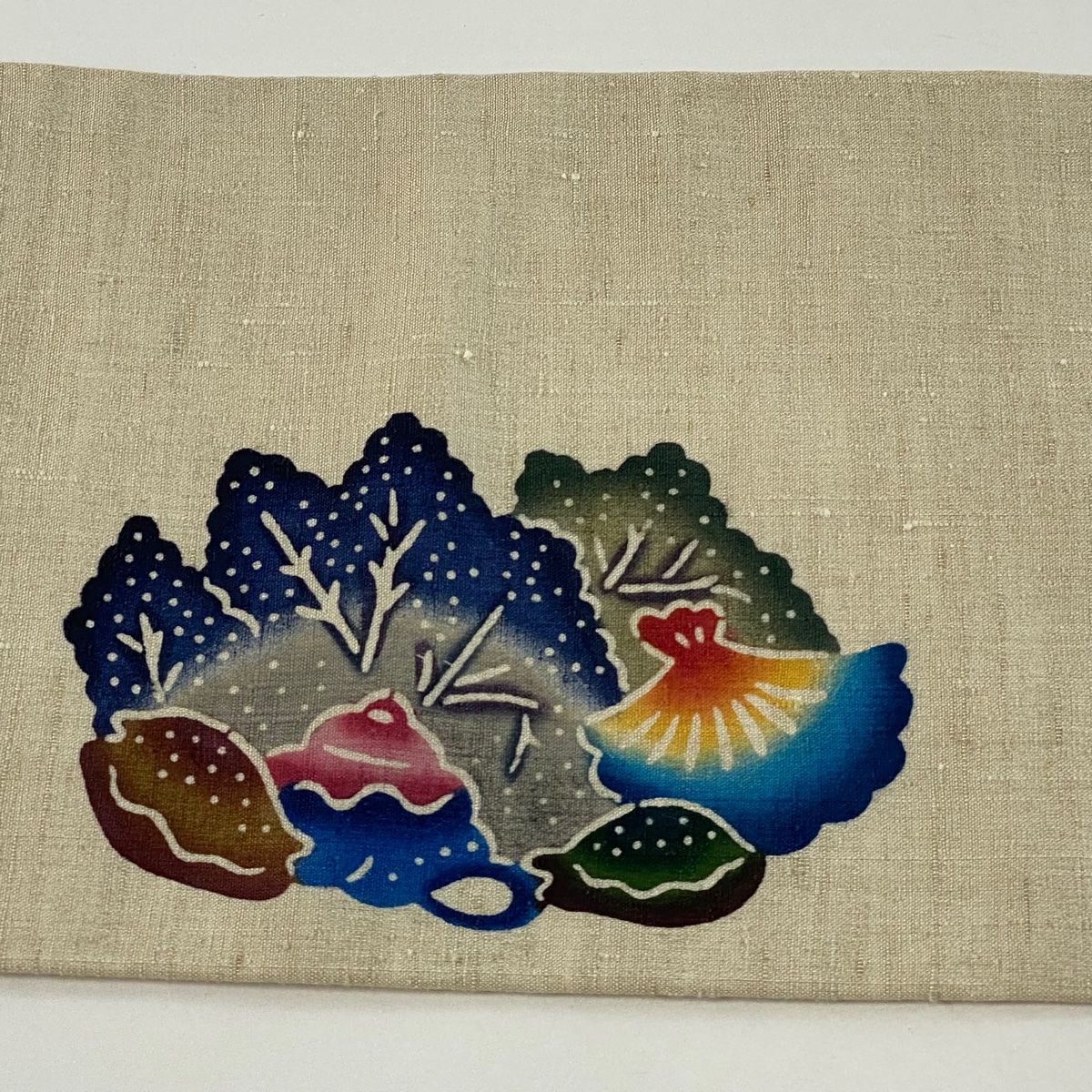 名古屋帯 美品 逸品 落款 城間栄順 紬地 魚 貝 ベージュ 正絹 【中古】