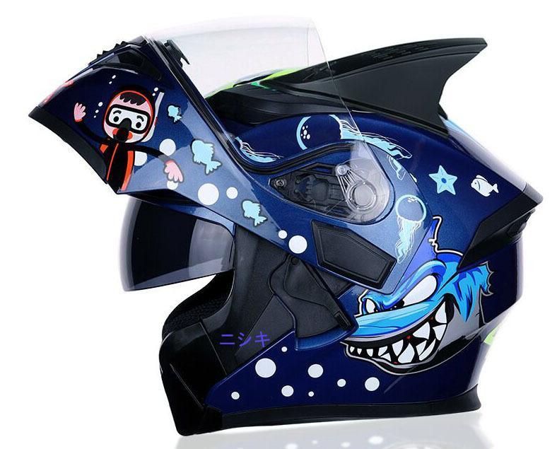 人気 ヒレ付き フリップアップ フルフェイスヘルメットインナー丸洗い可 サメ柄