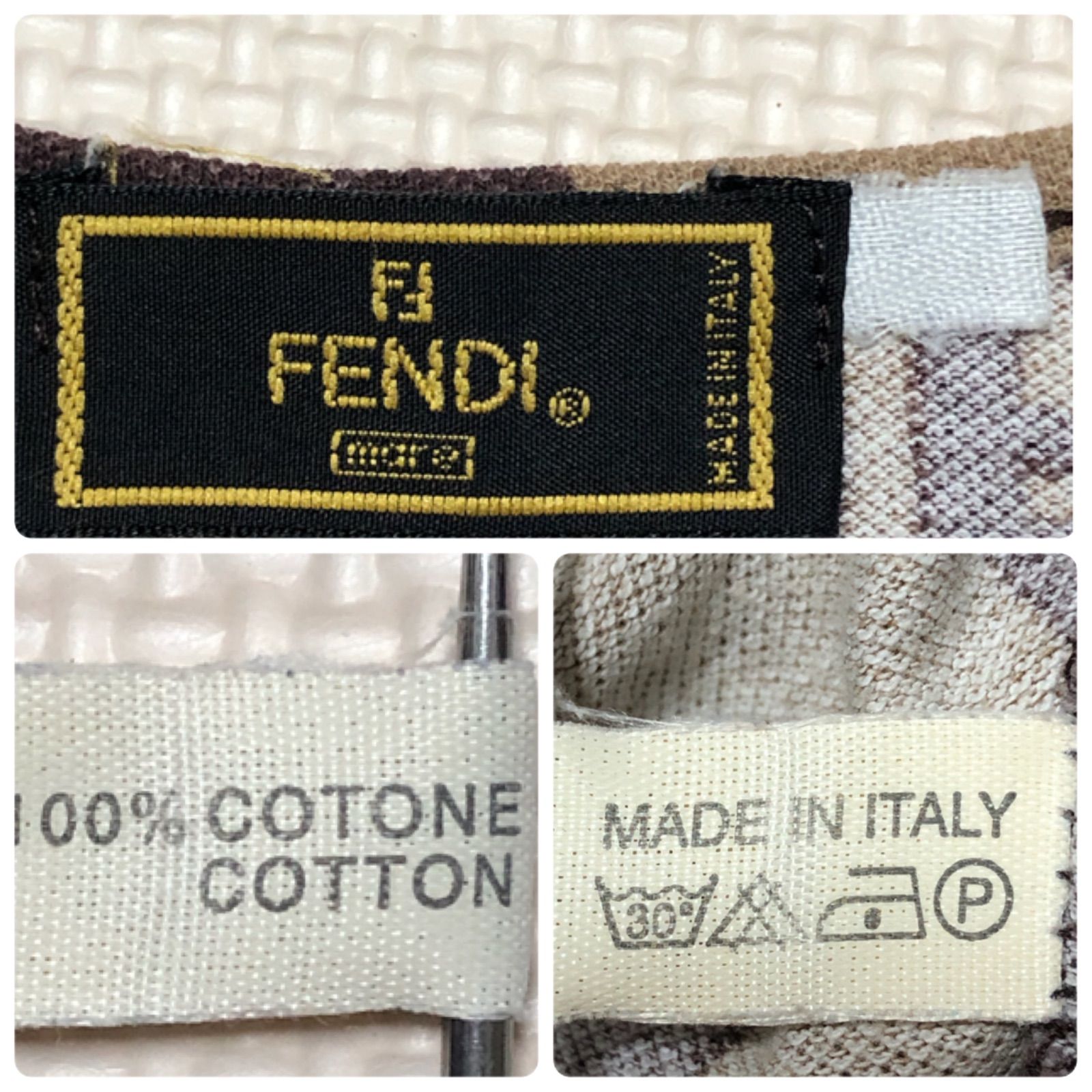 ■希少■FENDI フェンディ　ズッカ×ペカン×市松模様ミックス　Tシャツ　半袖　イタリア製　サイズL程度　ブラウン系　コットン100% レディース