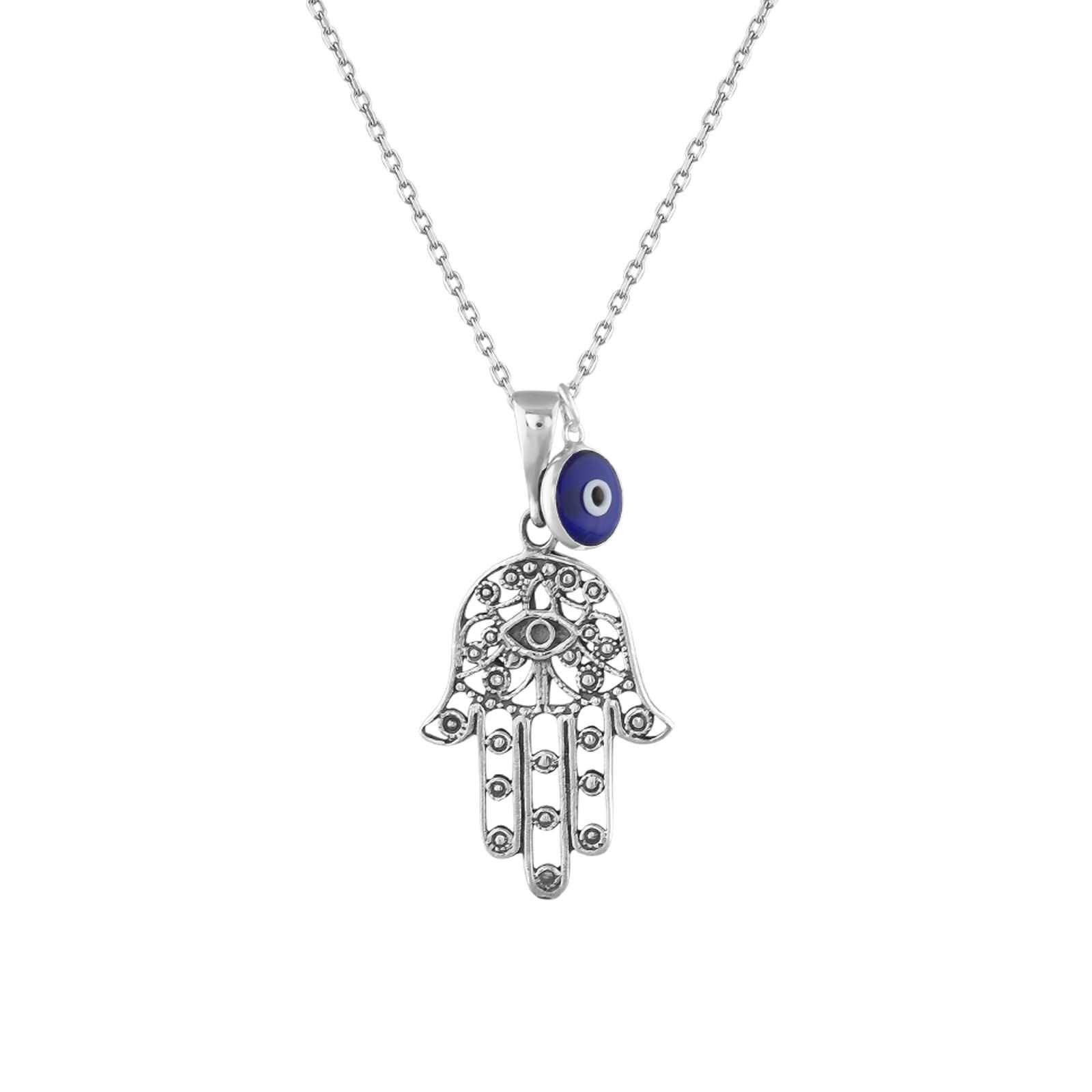 MYSTIC JEWELS By Dalia 925スターリングシルバー ハムサネックレス 7mm イーブルアイペンダント 吊り下げ式 ガラス 宝石なし
