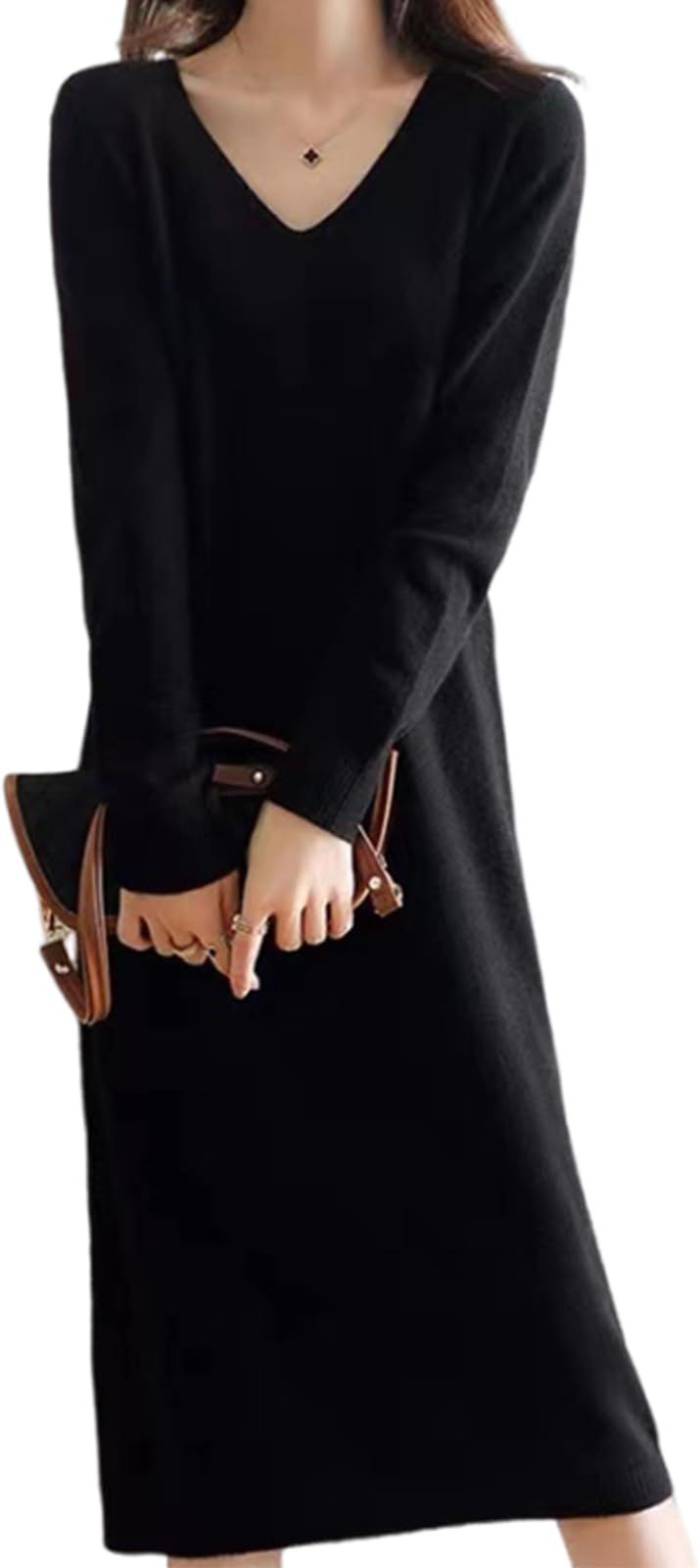 MARIA MARFA Vネック ふんわり ニット ワンピース ロングワンピ マキシ丈 大人 上品 秋 冬 セーター 長袖 ブラックコーデ 黒ワンピース ブラック 4A-M15-BKL