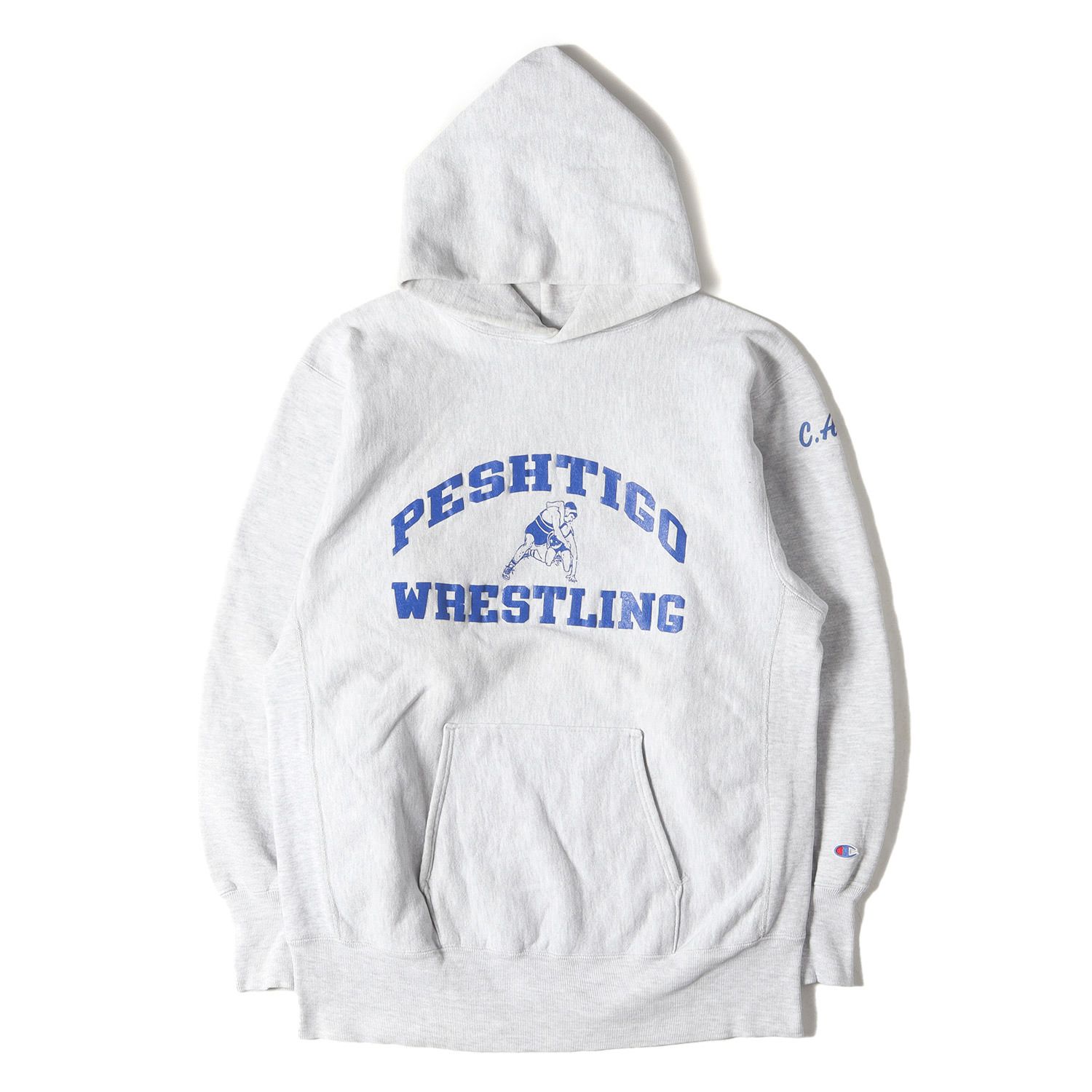 Champion vintage チャンピオン ヴィンテージ パーカー サイズ:XL 90s 刺繍タグ リバースウィーブ 3段プリント カレッジ スウェット パーカー(USA製) ヘザーグレー トップス フーディー【メンズ】