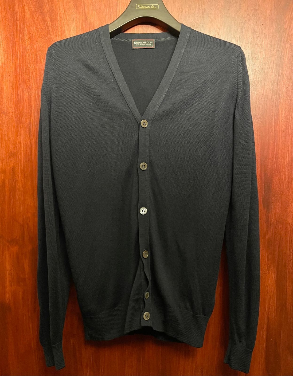 訳あり商品 MADE IN GREAT BRITAIN製 JOHN SMEDLEY メリノウールカーディガン ネイビー Sサイズ