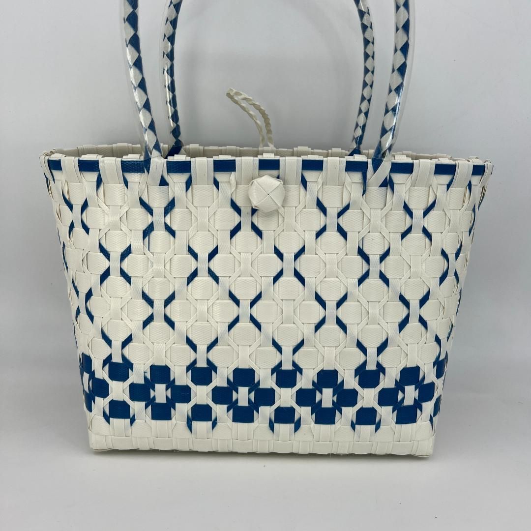 大人気プラかご V119ハンドメイド PPバンド エコバッグ ホワイトxネイビー