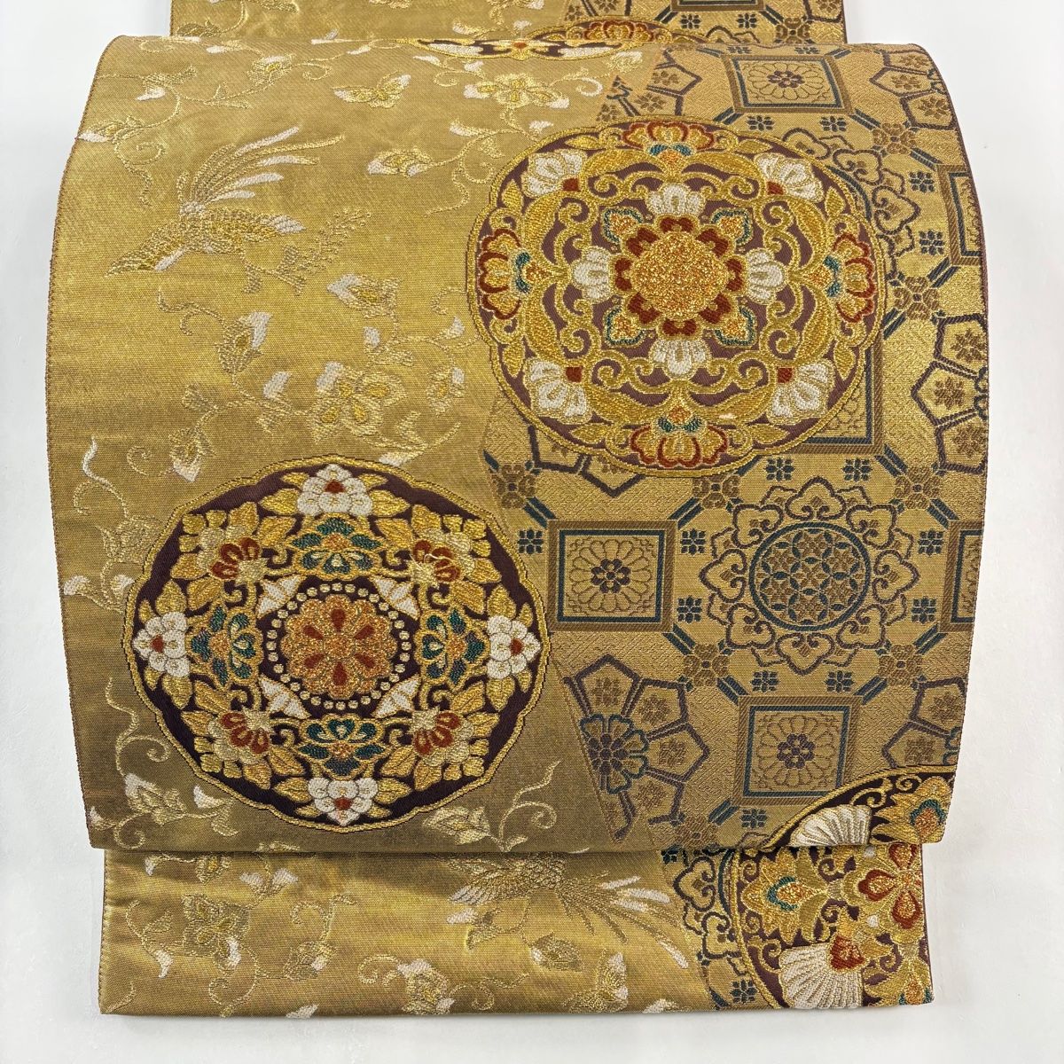 袋帯 秀品 華文 鳥 金糸 箔 金色 六通 正絹