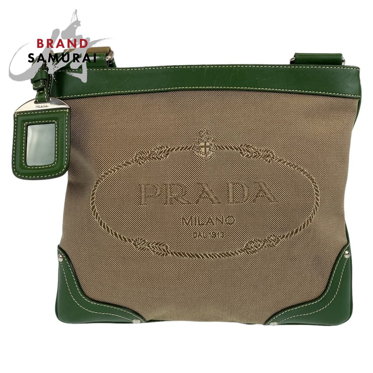 PRADA プラダ ロゴジャガード 男女兼用 ベージュ グリーン シルバー金具 ショルダーバッグ メッセンジャーバッグ メンズ 503412