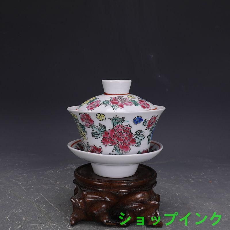 未使用品 中国茶器 粉彩白地万花図三才蓋碗 湯呑み 食器 茶器 茶道具