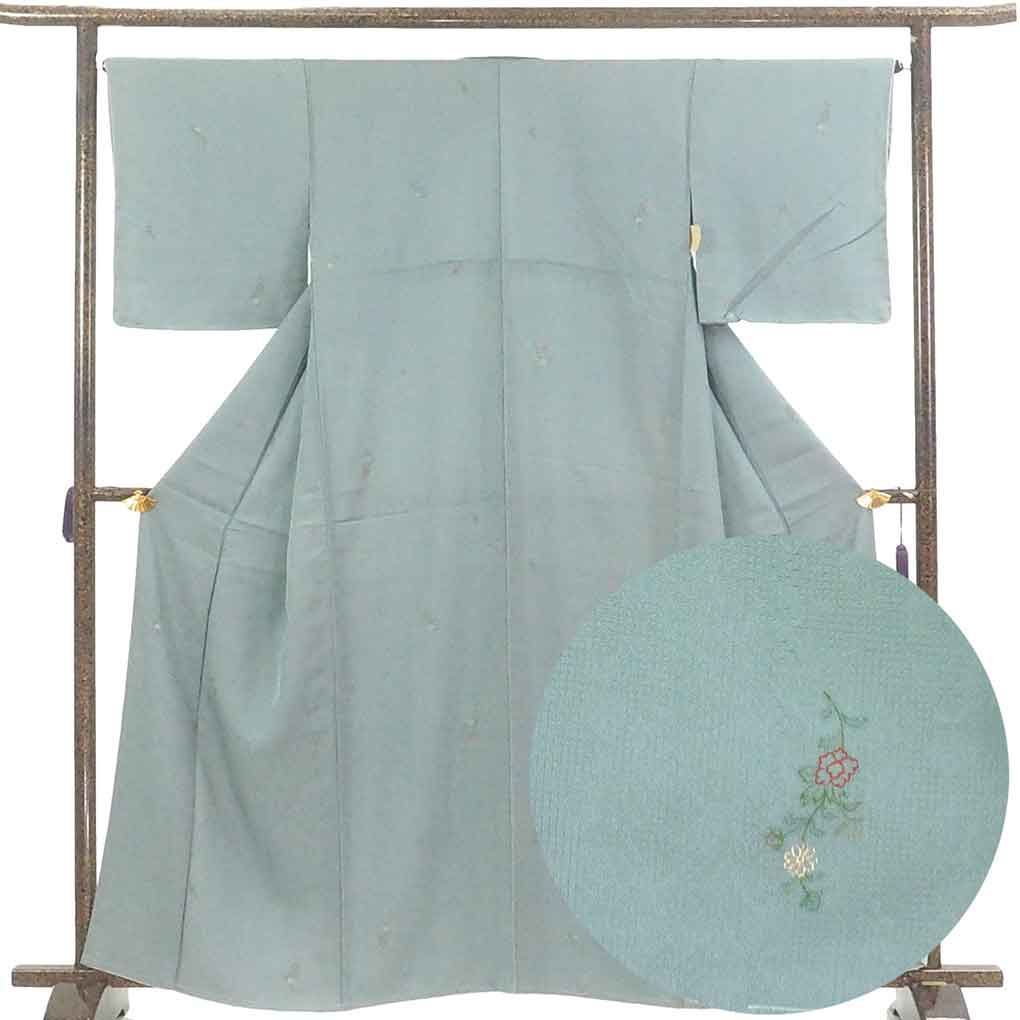 小紋 身丈161cm 裄65cm 前幅28.5cm 後幅32cm 袖丈47cm 袖幅32cm レディース 袷 花柄 裄Mサイズ 秋冬春用 正絹 シルク ブルー ♥品 リメイク リユース リサイクル 呉服のきくや