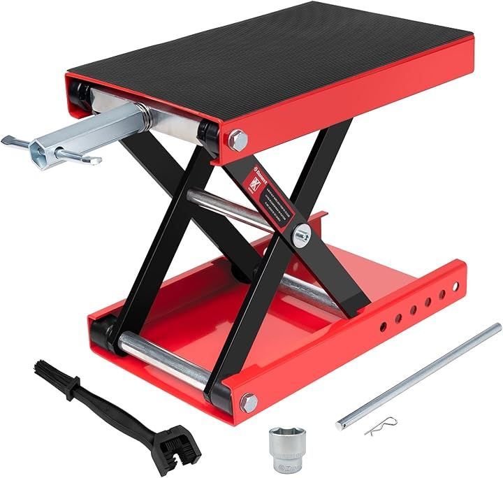 Donext バイクジャッキ バイクリフト モーターサイクルジャッキ 耐荷重500kg 安全ストッパー付き 3面チェーンブラシ付き ハンドル付き バイク用 レッド-new