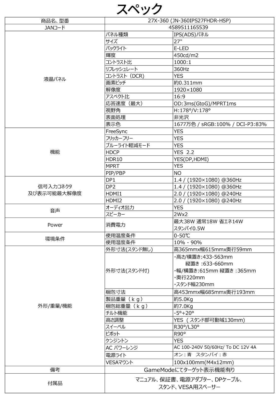 ディスプレイ パネル HDMI DisplayPort VESA対応 高さ調節 回転 ピボット 機能 ブルーライトカット IPS 1920x1080解像度 フルHD 1ms 視野角178° 360Hz ゲーミングモニター JN-360IPS27FHDR