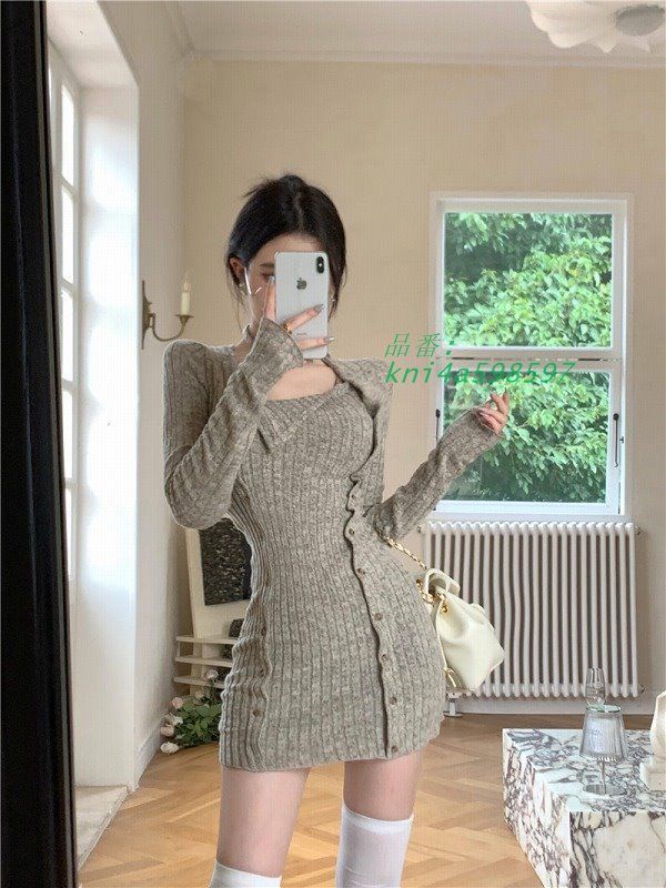ニット長袖タイトミニワンピース韓国ギャルファッ
