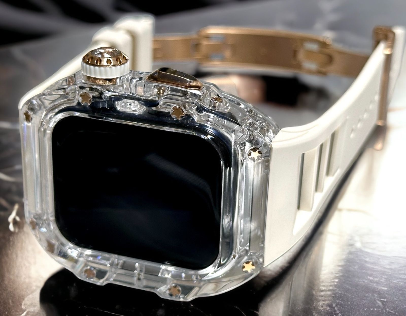クリア-ホワイト ローズ アップルウォッチバンド ラバーベルト カバー Apple Watch クリア ケース 44mm 45mm 4 5 6 7 8 9 se スポーツ メンズ レディース
