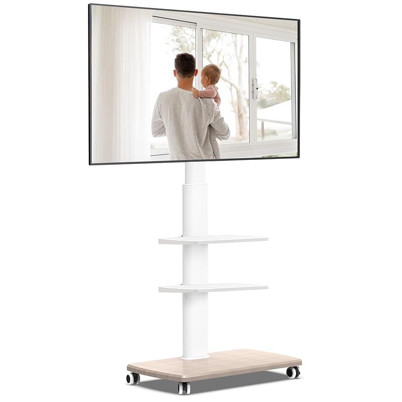 FITUEYES テレビスタンド 32～70型対応 キャスター付き 高さ角度調節 移動式 木目調 ホワイト 中段棚二枚付 棚板無階段調節 TT306504WW 0