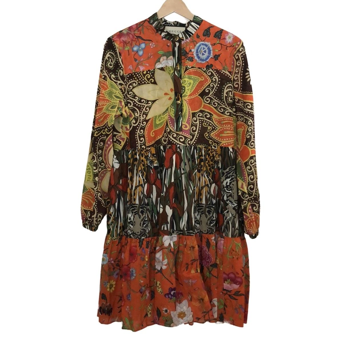 GUCCI グッチ ワンピース サイズ42 M レディース - 583039 ZAB1R オレンジ×ダークブラウン×マルチ 長袖|ひざ丈|花柄|虎|クローバー