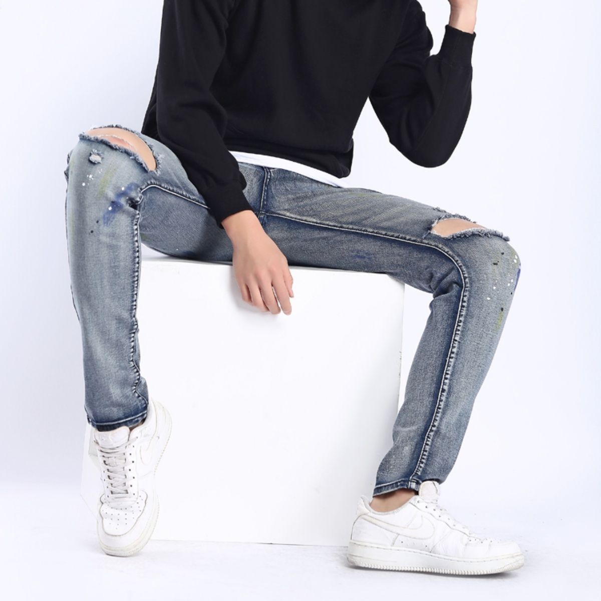 ペイントダメージデニムパンツ メンズ クラッシュ ストレッチ ジーンズ 