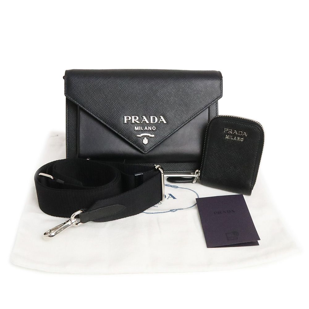 プラダ PRADA ミニエンベロープ 2WAY ショルダーバッグ 斜め掛け クラッチ サフィアーノ レザー ブラック 黒 シルバー金具 1BP020  PRADA（未使用 展示品） - メルカリ