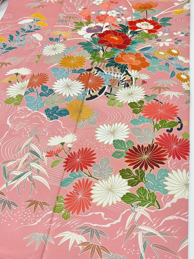 千總謹製 落款入 振袖 手描き 刺繍 金駒 金彩 正統派 花車 正絹 X233