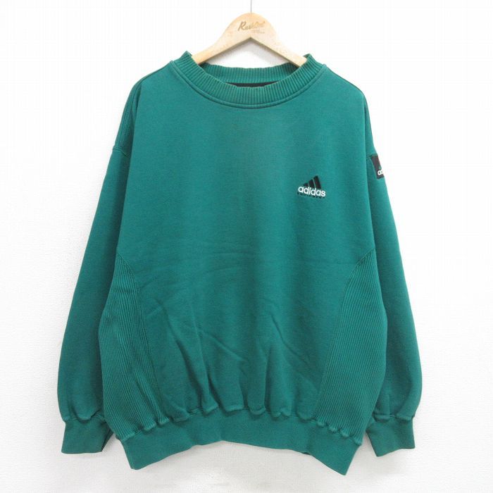 XL/古着 アディダス adidas 長袖 スウェット メンズ 90s ワンポイントロゴ エキップメント 大きいサイズ クルーネック 緑 グリーン spe 24m