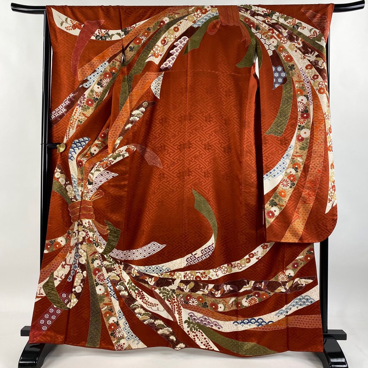 振袖 身丈164cm 裄丈67.5cm L 袷 束ね熨斗 草花 金糸 金彩 赤茶 正絹 秀品