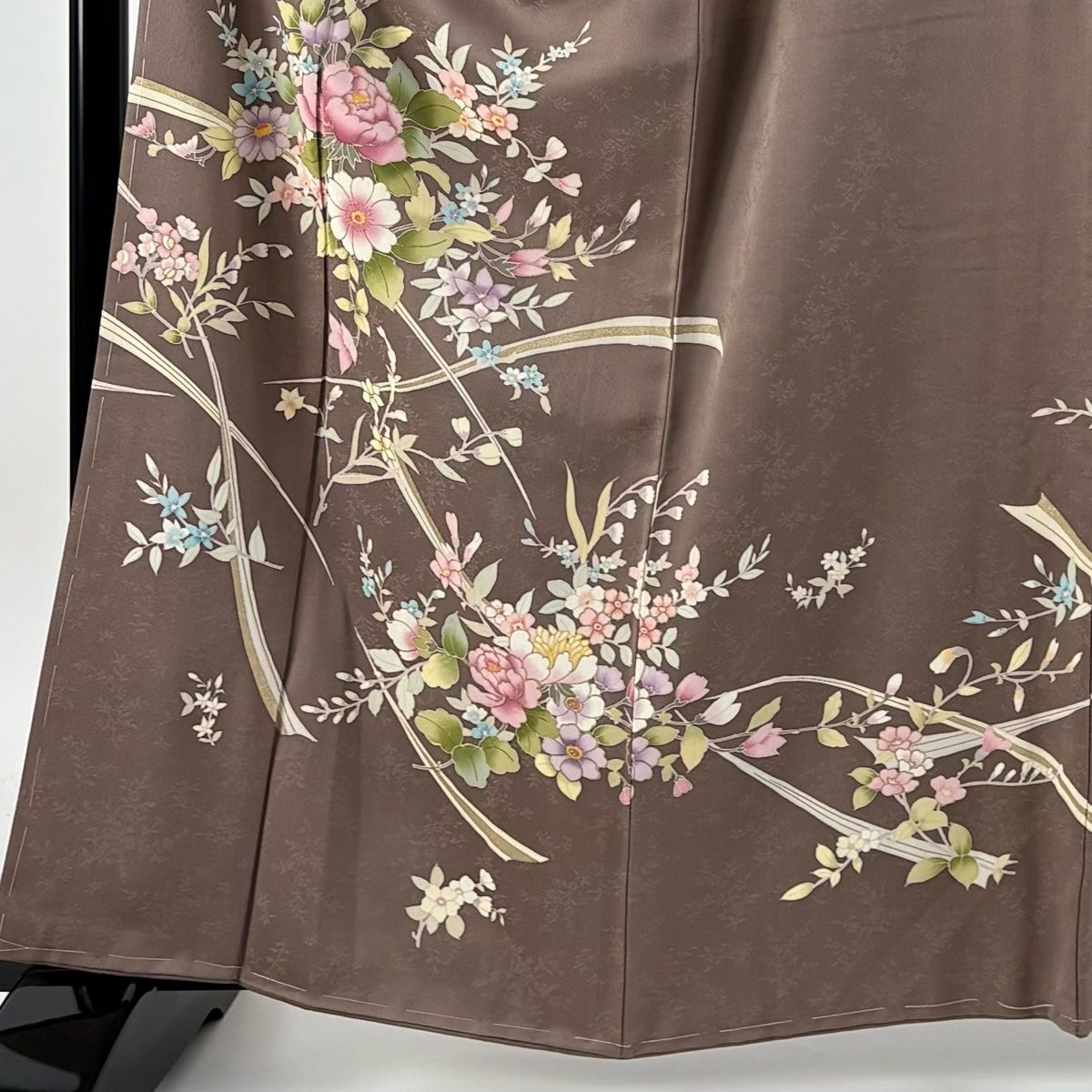 訪問着 身丈163cm 裄丈67cm M 袷 落款 草花 金彩 茶色 正絹 秀品