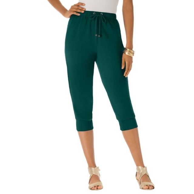 【送料無料】 ロアマンズ レディース カジュアルパンツ ボトムス Roaman's Women's Plus Size Drawstring Soft Knit Capri Pant Emerald Green