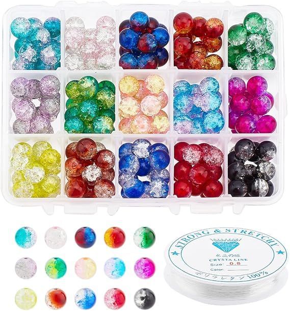 PandaHall Elite 約195個/箱 ガラスビーズ 10mm 15色 ラウンドビーズ クラックビーズ 透明 弾力線 付き DIY用 手芸用品 アクセサリーパーツ 手作り素材 可愛い 混合色
