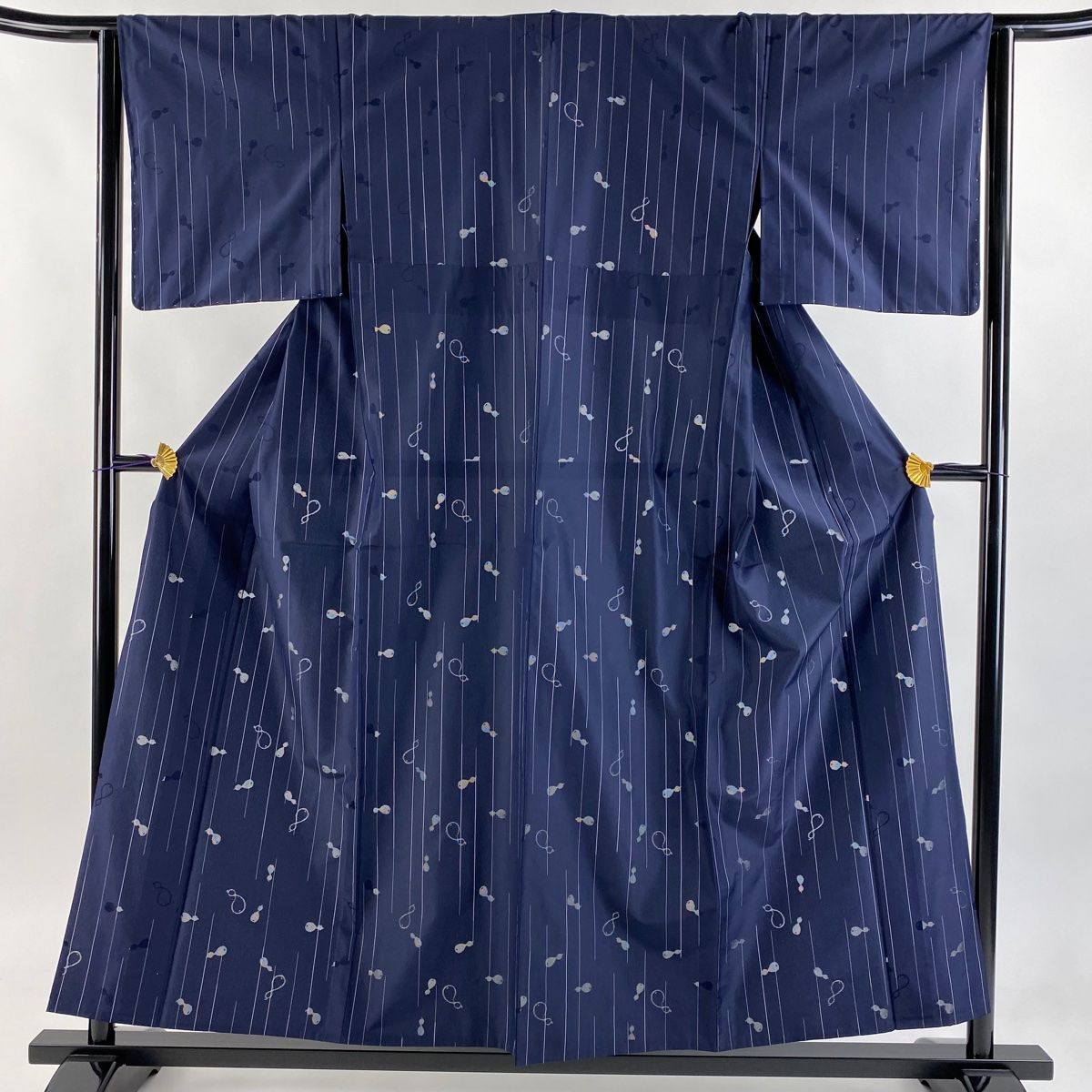 小紋 身丈155cm 裄丈63cm S 薄物 白根沢 ひょうたん 縞 もじり織 濃紺 正絹 名品