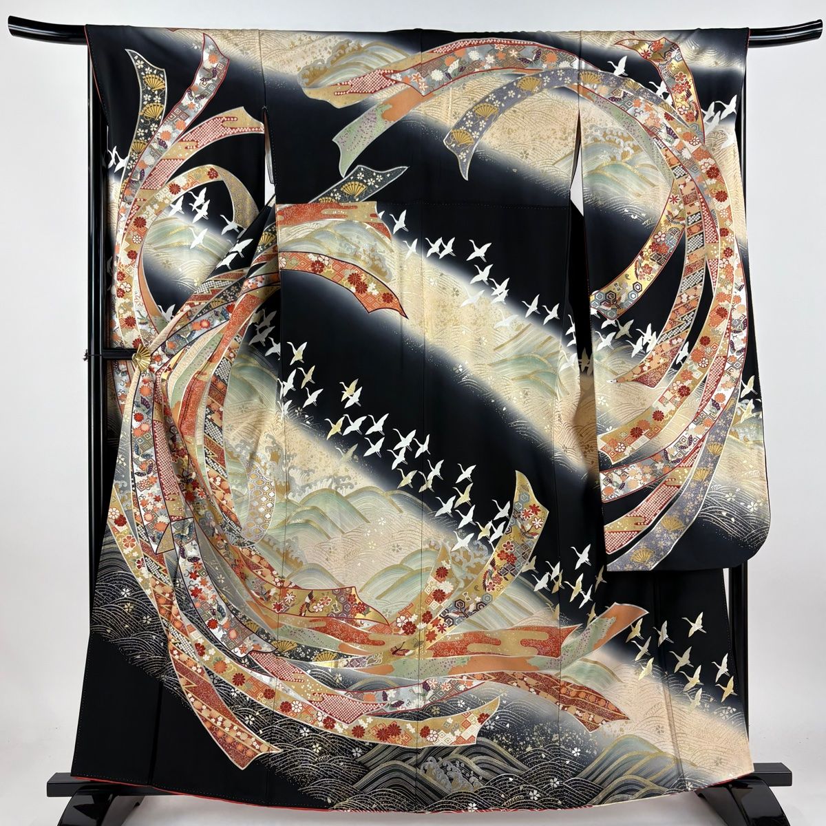 ペンギン　美品正絹振袖　165〜175cm 振袖 身丈162cm 裄丈64cm M 袷 扇面 橋 金彩 染め分け 赤 正絹