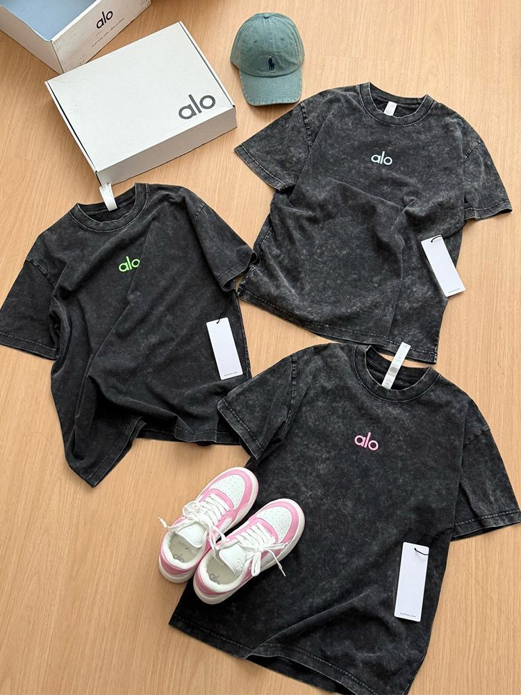 aloロゴプリント ルーズフィットTシャツ 夏 若見え 着回し抜群のヴィンテージウォッシュ加工ファッショナブル半袖Tシャツ