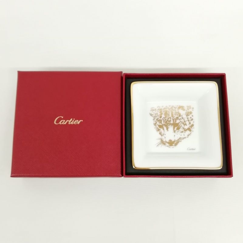 カルティエ Cartier パンサー スクエア ミニトレイ アッシュトレイ 小物入れ お皿 直径7.8cm ホワイト ゴールド