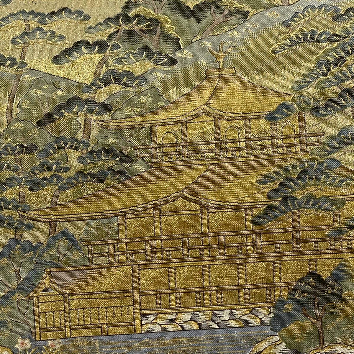 丸帯 京名所金閣銀閣 金糸 箔 金色 お太鼓柄 正絹