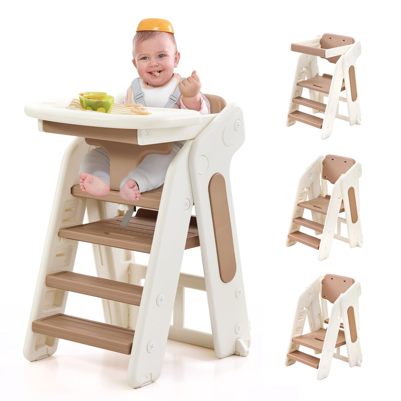 KOOPRO ベビーチェア ハイチェア 食事テーブル 5点式ベルト付き 踏み台 3段 2段 可変式 手すり付き 子ども用 ラーニングタワー 折りたたみ キッズステップ台 耐荷重 40kg 1～6歳 幼児 赤ちゃん 子供用イス 多機能 滑り止め お食事椅子