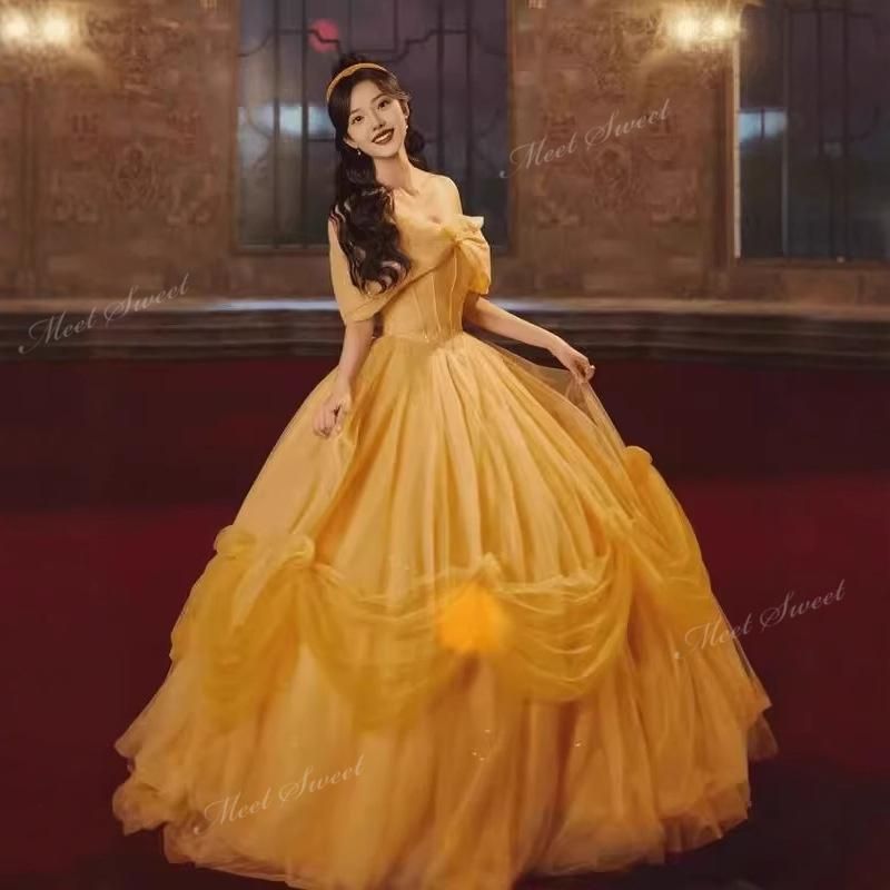 ドレス プリンセス イエロー オフショルダー ウェディングドレス 結婚式 二次会 ウエディングドレス 誕生日パーティードレス イベン