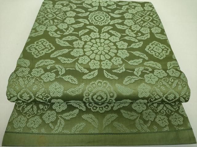 平和屋着物●九寸開き名古屋帯　唐織　花丸文　濃老竹色　正絹　逸品　DAAV6066ps 平和屋着物○九寸開き名古屋帯 唐織 花丸文 濃老竹色 正絹 逸品