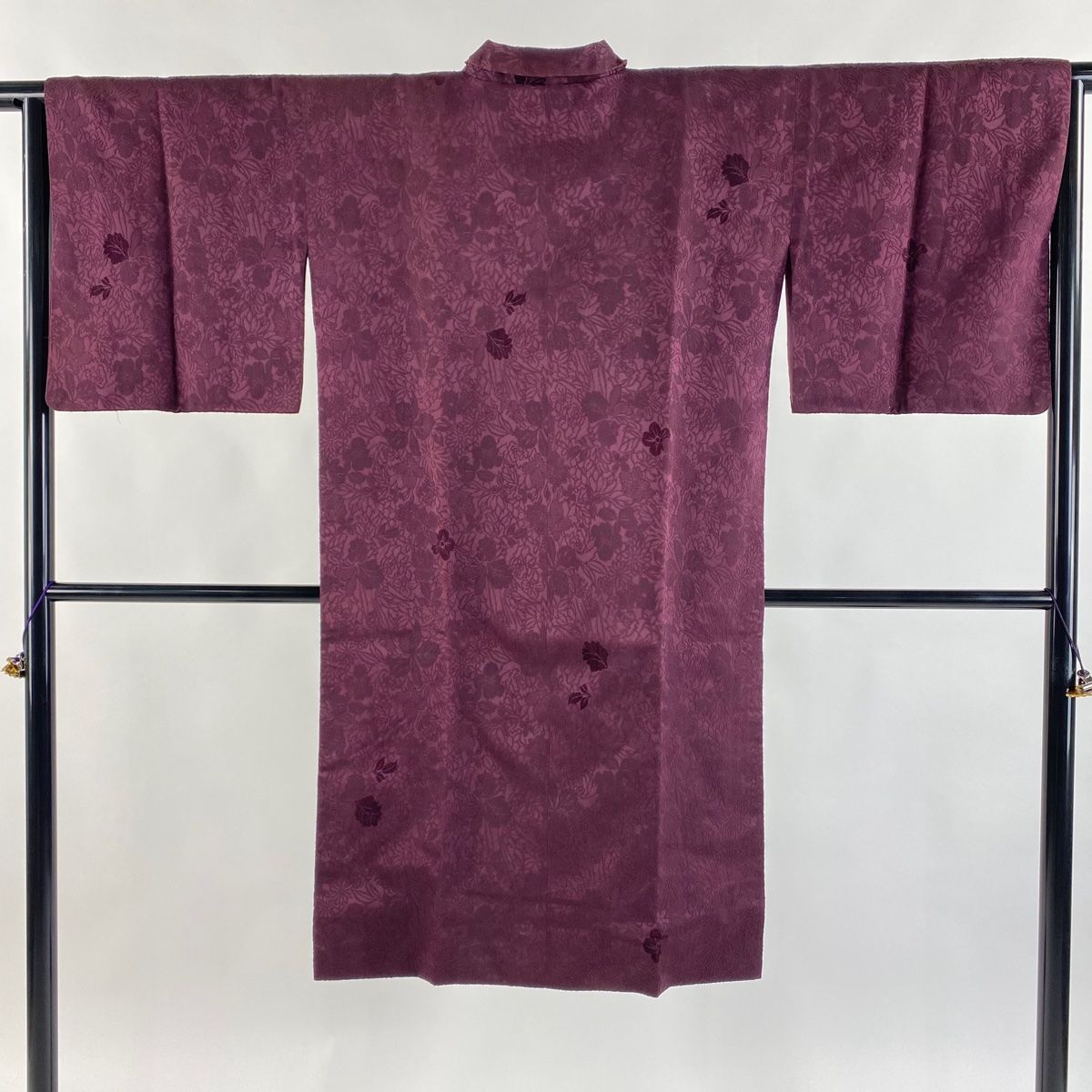 道行 身丈115cm 裄丈64.5cm M 和装コート へちま衿 地紋 草花 赤紫 正絹 秀品