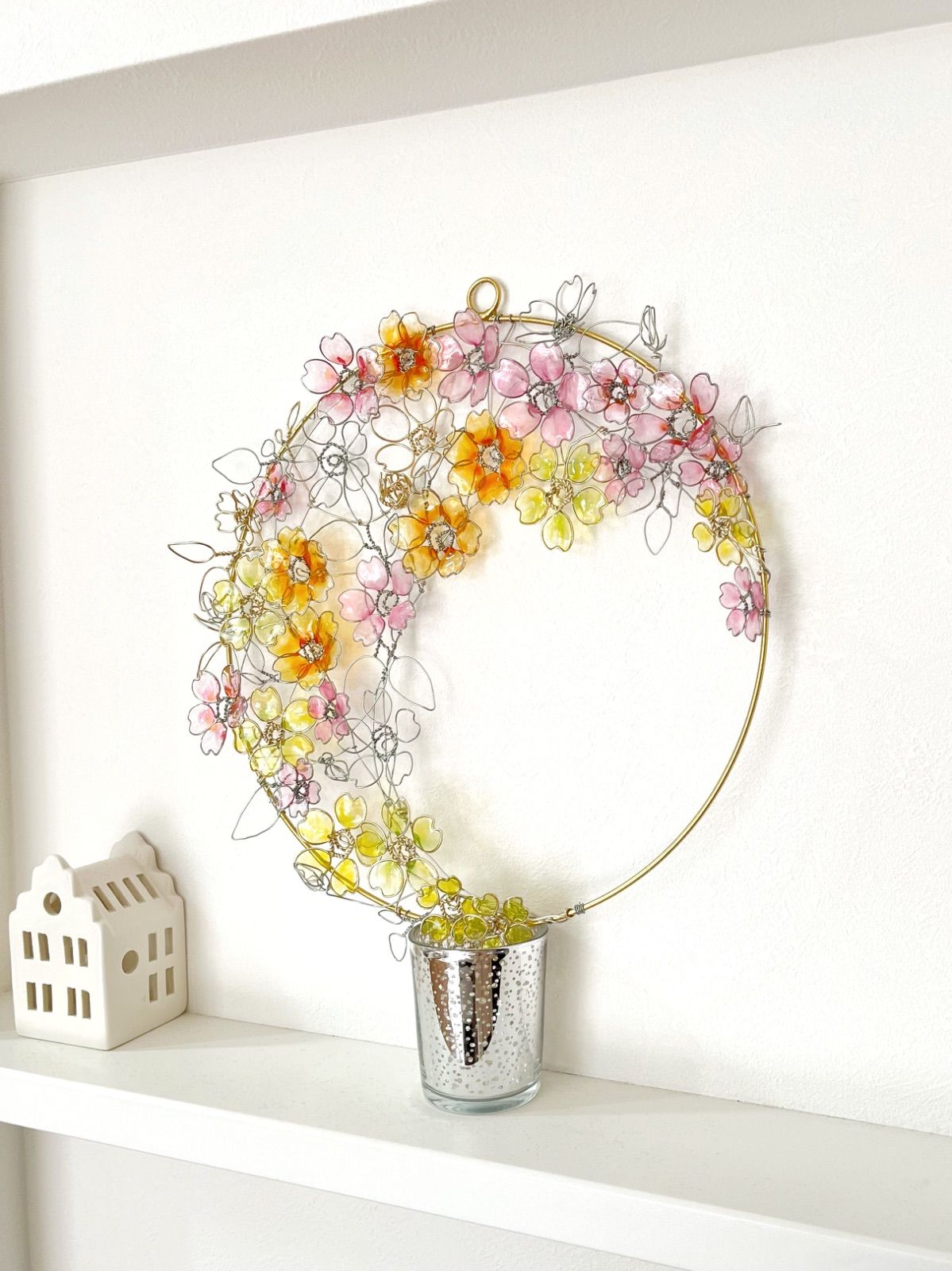 一点物 春いっぱいリース ワイヤークラフト ディップアート 壁飾り