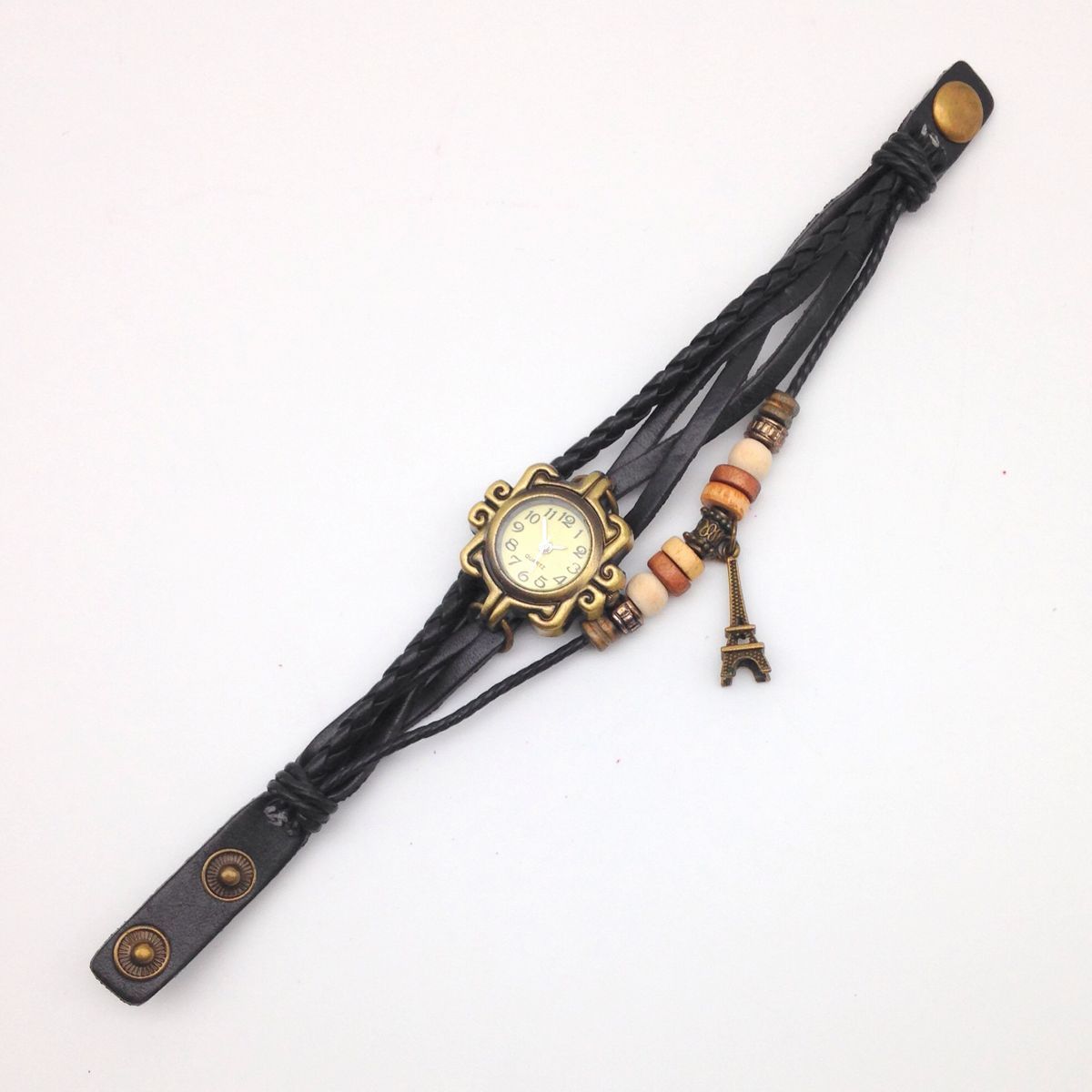 腕時計 アンティーク風 エッフェル塔 3種ベルト レザー (ブラック)