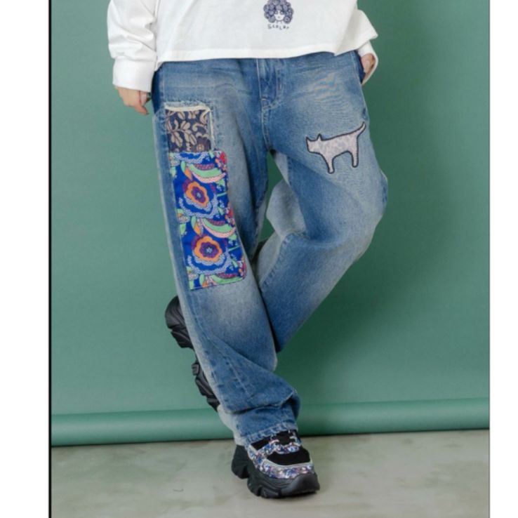 Scolar 綿×レース異素材アップリケデニムパンツ