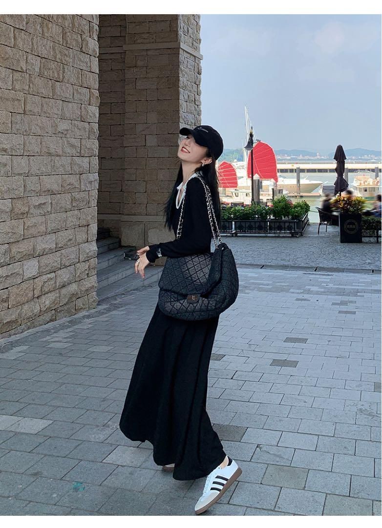 春セクシーコントラストニットドレスロング丈ワンピース