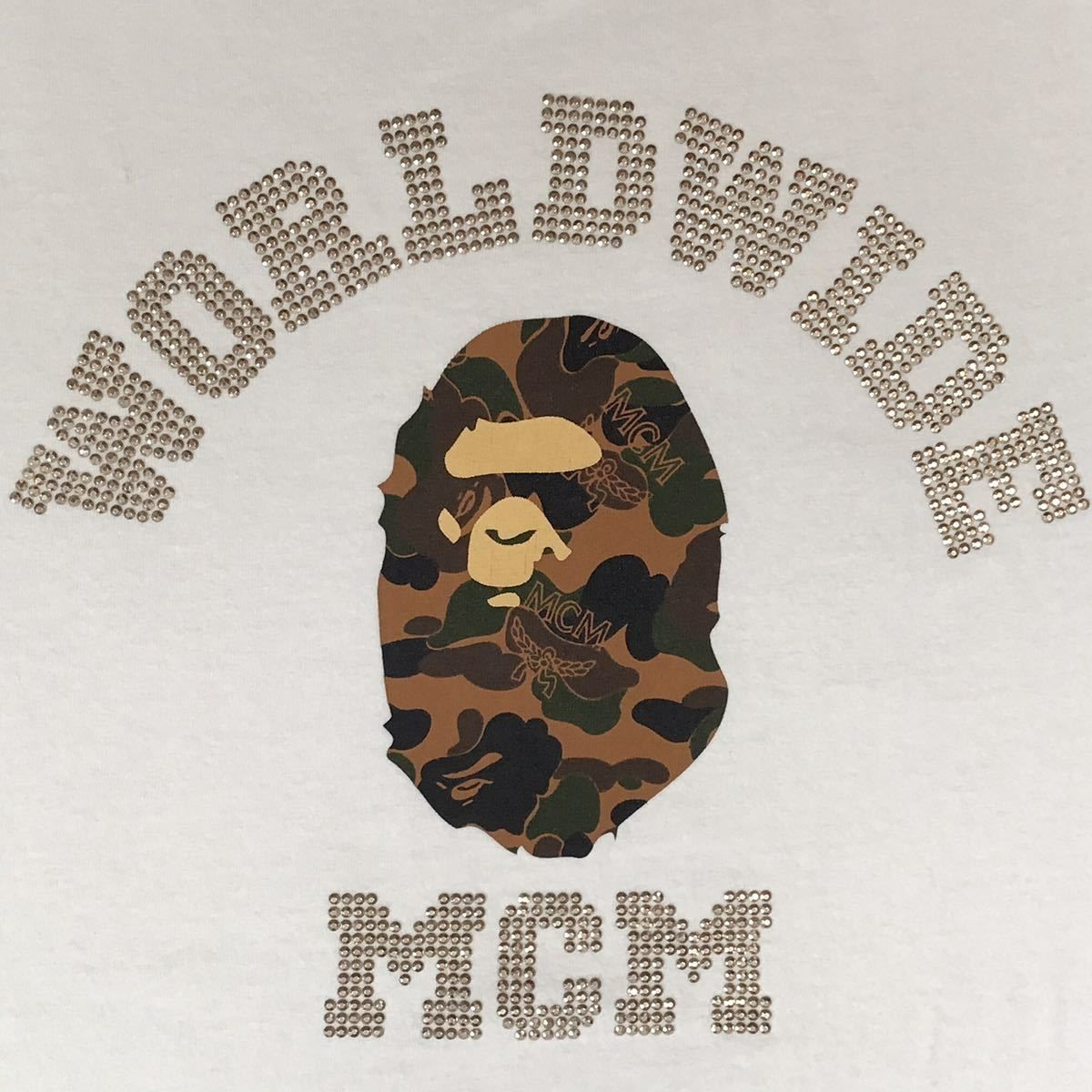 BAPE × MCM Rhinestone College Logo Tシャツ Mサイズ a bathing ape エイプ ベイプ  アベイシングエイプ ラインストーン