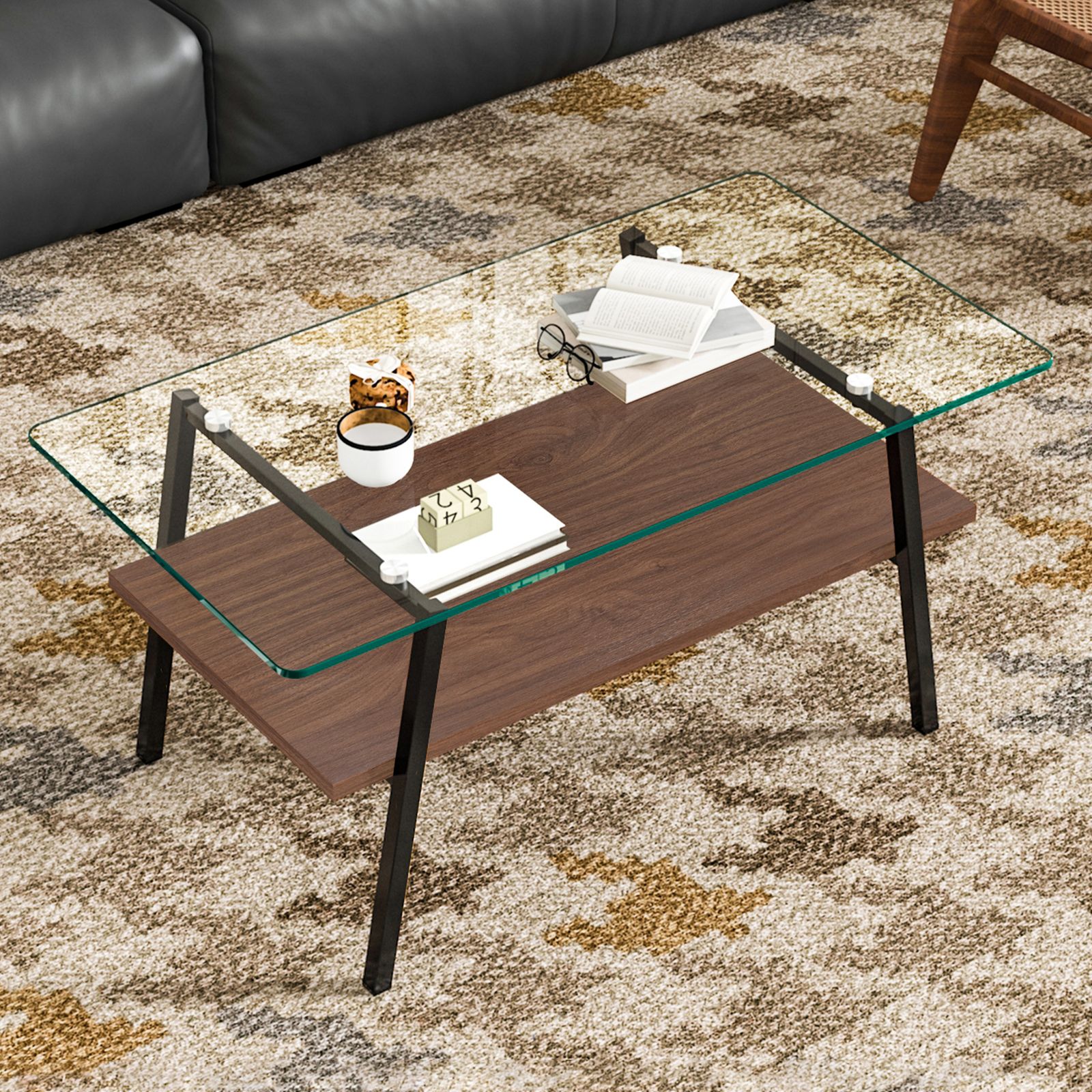 【グレー】モダン長方形コーヒーテーブル 強化ガラス天板 リビング用クリアガラス グレー】モダン長方形コーヒーテーブル 強化ガラス天板 リビング用