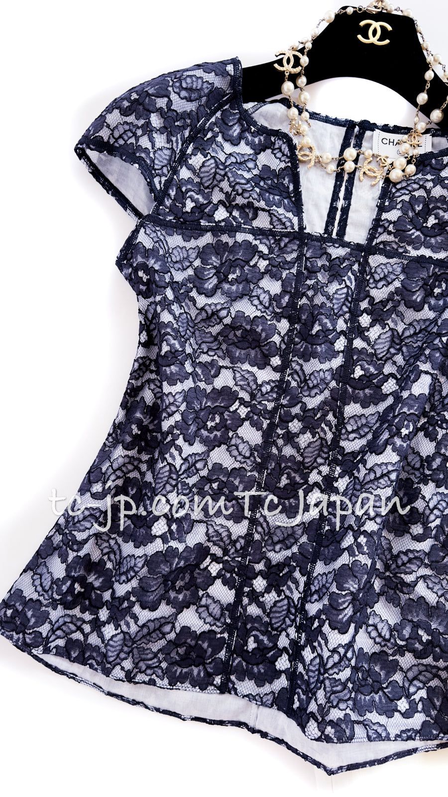 シャネル トップス CHANEL ネイビー ホワイト カメリア レース