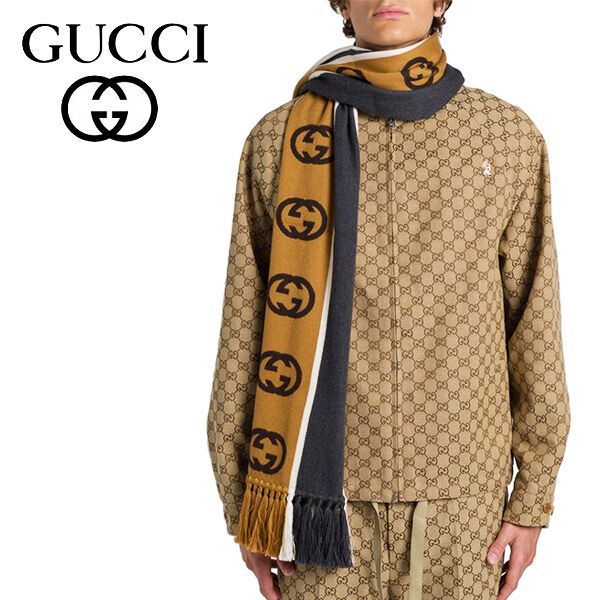 37 GUCCI グッチ マフラー ストール 男女兼用 GG柄 ウール混 グレー