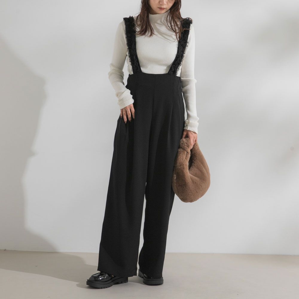 夢展望公式 ♥ ハイウエストフリルサスペンダーパン ブラック 他カラー別ページ有 rectangle パンツ オールインワン フルレングス 535137-03