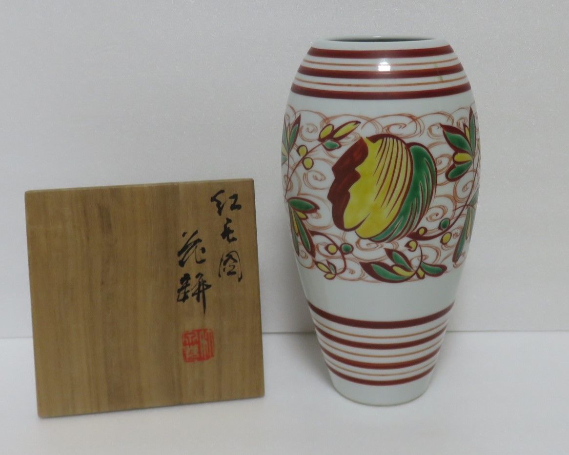 三浦竹幹造　色絵　角花瓶　共箱　高さ約23.7㎝　東さ5-0914⑥ 三浦竹幹造 色絵 角花瓶 共箱 高さ約23.7㎝ 東さ5-0914⑥